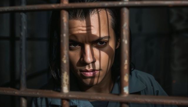 Male Prisoner Gazing Through Rusty Cell Bars