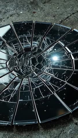 Vertical video showing reflective disk shattering on asphalt, shards scattering in radial burst