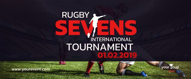 This banner design emphasizes the energy and excitement of a rugby sevens tournament. The prominent text includes the event title, date, and relevant example web address, yourcup2020. The bold colors and dynamic action make this perfect for advertising upcoming sporting events, tournament schedules, and ticket sales promotion. Ideal for websites, social media, and printed marketing materials.