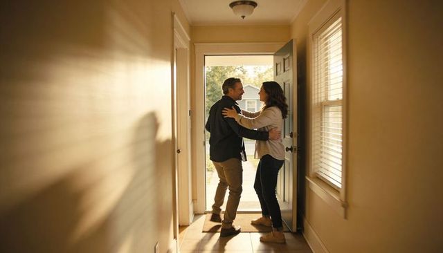 Middle-aged couple embracing at front door during sunlit homecoming in cozy hallway