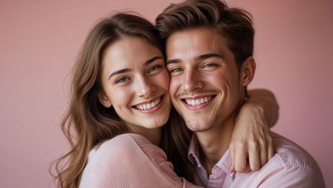 Happy cute couple embracing against pastel background