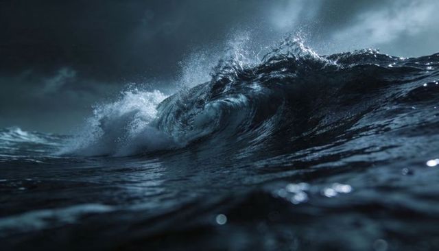 Dark Ocean Wave Crashing and Curling with Foamy Crest under Moody Stormy Sky