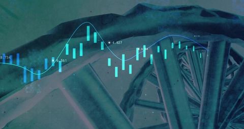 Futuristic double helix with virtual financial data visualization