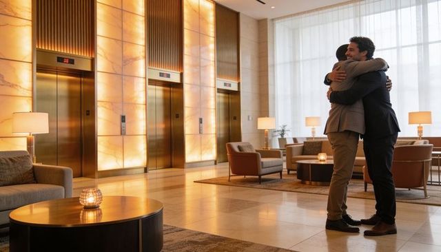 Two businessmen hugging in luxury hotel lobby near illuminated elevator bank and lounge