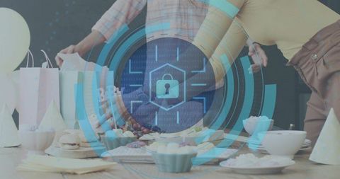 Party table with pastel gift bags and digital padlock overlay representing secure social gifting