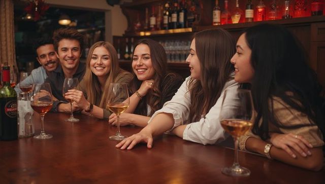 Laughing friends leaning at wood bar holding wine glasses in warm lounge ambience