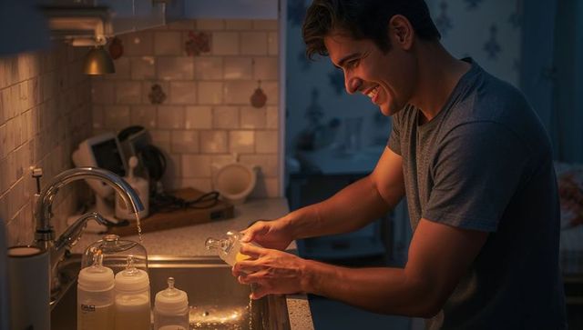Smiling father rinsing baby bottles at kitchen sink in evening routine, hands-on parenting