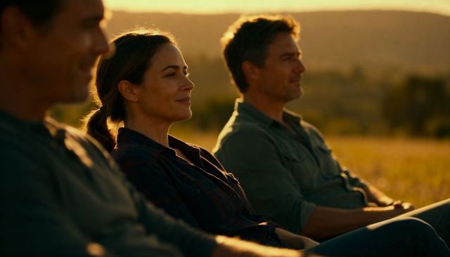 Three adults sitting in backlit meadow reflecting at golden hour, contemplative trio