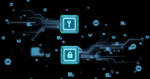 Digital Circuit Board with Secure Lock and Key Icons