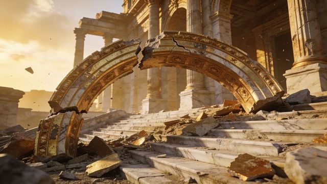 Collapsing ornate gilded semicircular arch over marble steps at sunlit classical ruin