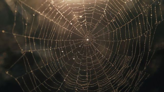 Glistening orb web with dew droplets in warm backlight, sunlit radial silk macro