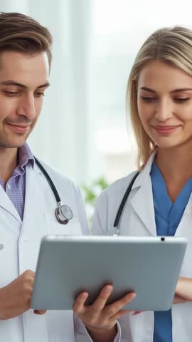 Two Doctors Collaborating Over Tablet Displaying Patient Charts and Digital Diagnostics