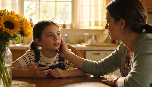 Mother gently cupping daughter cheek while talking at sunlit kitchen table with sunflowers