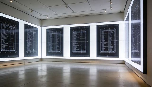Backlit blueprint panels lining minimalist gallery walls with polished concrete floor