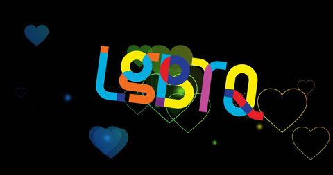 Colorful LGBTQ Text with Rainbow Hearts on Black Background