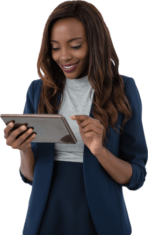 Transparent Happy Business Woman Using Tablet with Confident Pose
