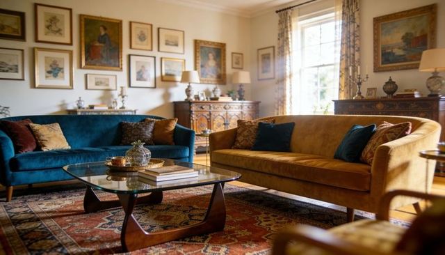 Mustard velvet sofa anchoring classic parlor with teal sofa and glass coffee table