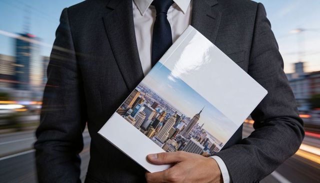 Businessman holding cityscape portfolio on dusk urban street in gray suit and navy tie