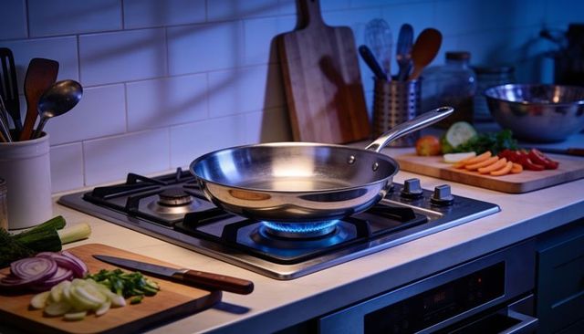 Stainless steel frying pan heating on gas cooktop with chopping boards and fresh veggies