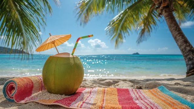 Refreshing coconut drink on tropical beach sand