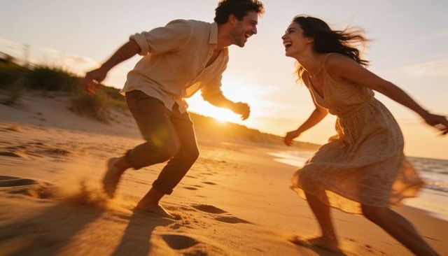 Sunset beach romance: couple running laughing kicking sand in golden light