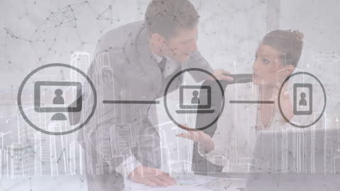 Business Collaboration Overlaid with Futuristic Digital Elements