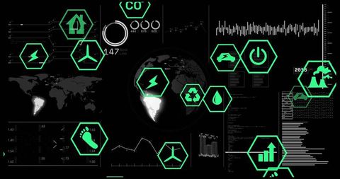 Neon green energy panel showing 3D globe highlighting Americas with sustainability icons