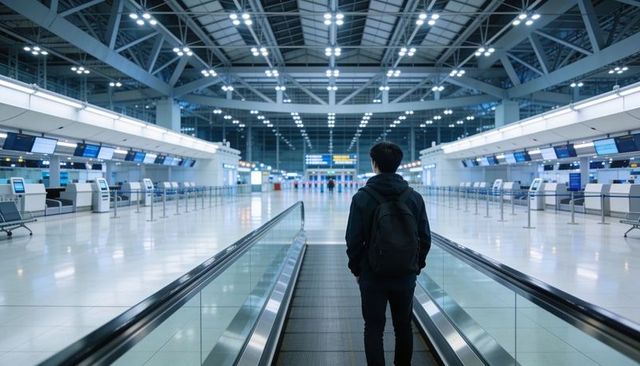 Solo traveler riding moving walkway through empty modern airport terminal with backpack