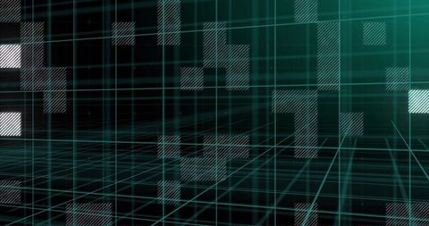 Futuristic Teal Grid Matrix with 3D Wireframe and Hatched Data Blocks for Tech Design