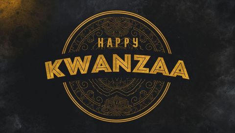 Happy kwanzaa gold emblem with ornate mandala and metallic embossed text