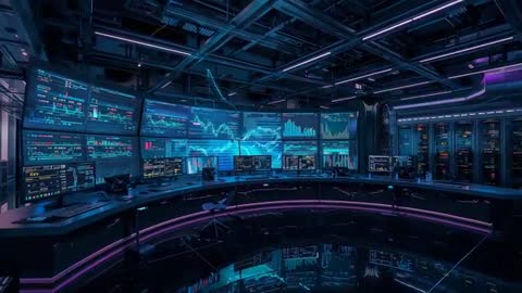 Futuristic Network Operations Center with Digital Data Displays
