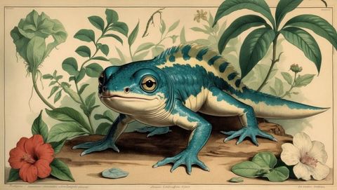 Illustrated blue salamander adult on natural log with hibiscus botanicals