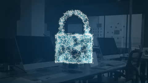Digital Padlock Over Office Desks Symbolizing Data Security