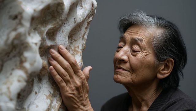 Senior asian woman touching weathered marble sculpture, serene closeup portrait in gallery