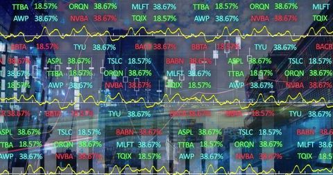 Financial Market Data Display Overlays Bustling Trading Floor
