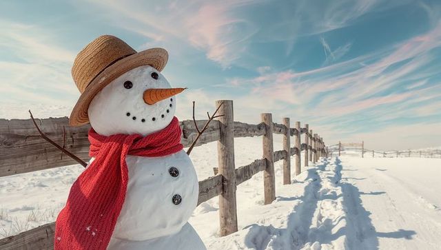 Charming snowman with hat in snowy country landscape