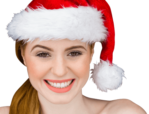 Festive Woman Smiling Wearing Santa Hat against Transparent Background