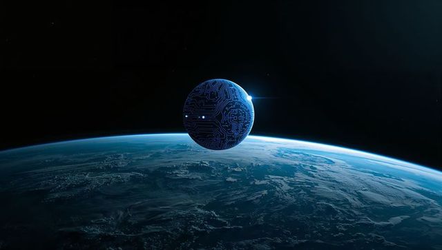 Orbital ai sphere with circuit pattern hovering above earth limb, futuristic blue glow