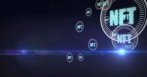 Digital nft symbols with futuristic blue light effect