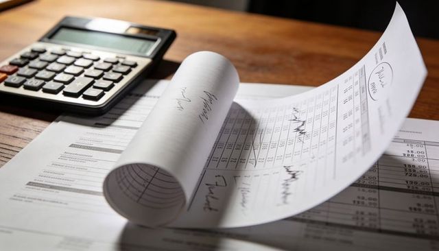 Rolled financial spreadsheet and calculator on wooden desk with warm light for accounting