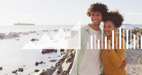 African American Couple Taking Selfie on Beach with Data Graphics Overlay