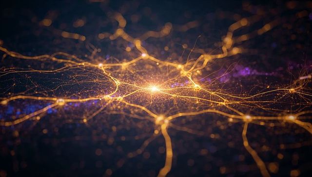 Glowing neural network core emitting golden filaments across dark digital mesh with sparkling nodes