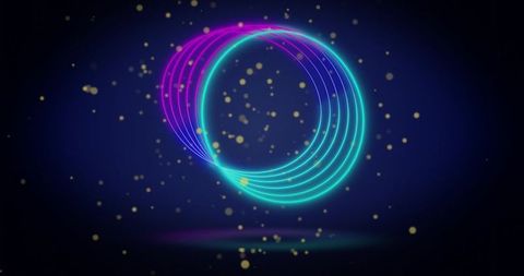 Neon spiral rings in cyan and magenta with golden bokeh, futuristic glowing loop for background