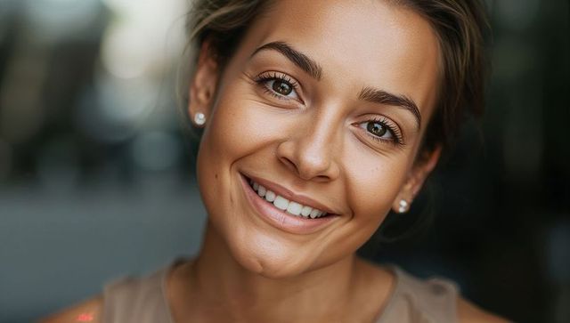 Warm closeup portrait of smiling woman wearing stud earrings and beige sleeveless top