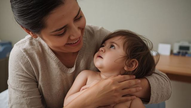 Smiling mother cradling toddler on lap, nurturing bond and gentle caregiving moment