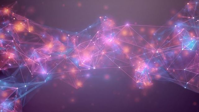 Glowing Abstract Neural Network Connecting Luminous Nodes with Neon Mesh and Particle Glow