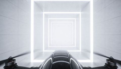 Hovering drone reflecting illuminated square tunnel with spinning rotors, sleek glossy body