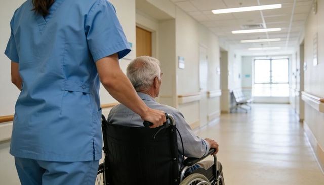 Nurse pushing senior wheelchair down bright hospital corridor showing compassionate care