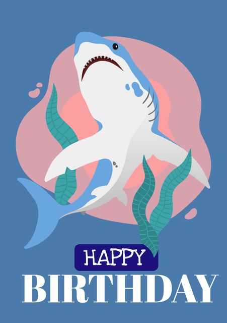 Birthday card features a playful cartoon shark against a blue background with seaweed and 'Happy Birthday' text. Perfect for ocean-themed birthday celebrations, kids' parties, and festive greetings for marine life enthusiasts.