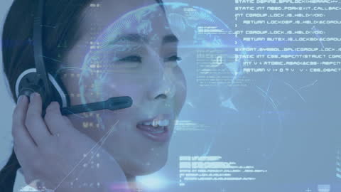 Smiling Asian Consultant with Headset and Digital Interface
